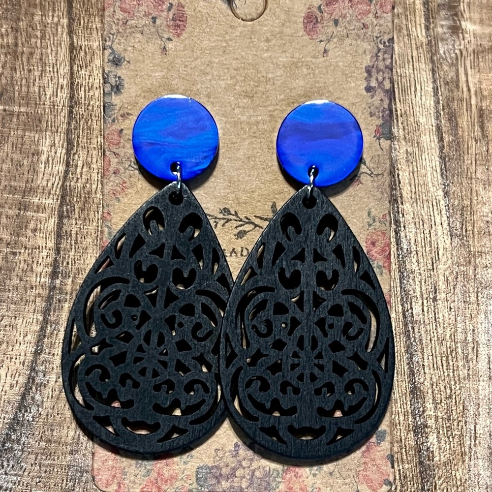 Black and Blue Teardrop Resin/Wood Boho Earrings